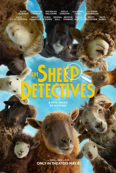 Movie poster for The Sheep Detectives showing animated sheep looking down at the camera forming a circle against a blue sky background.
