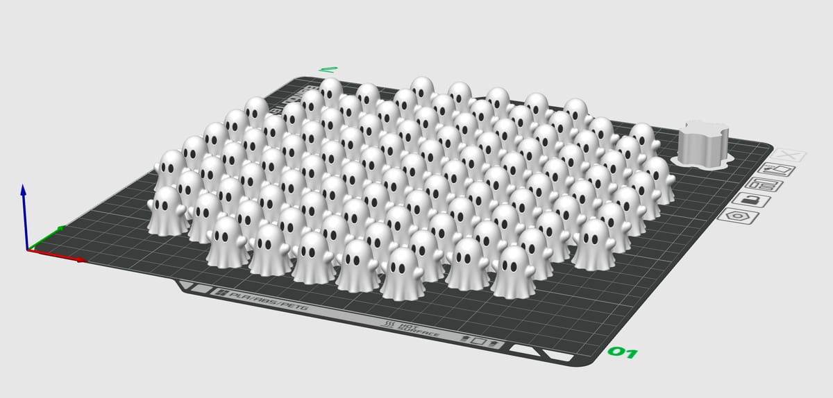 Slicer software view of a dark 3D printer build plate filled with rows of small white ghost models with black oval eyes.