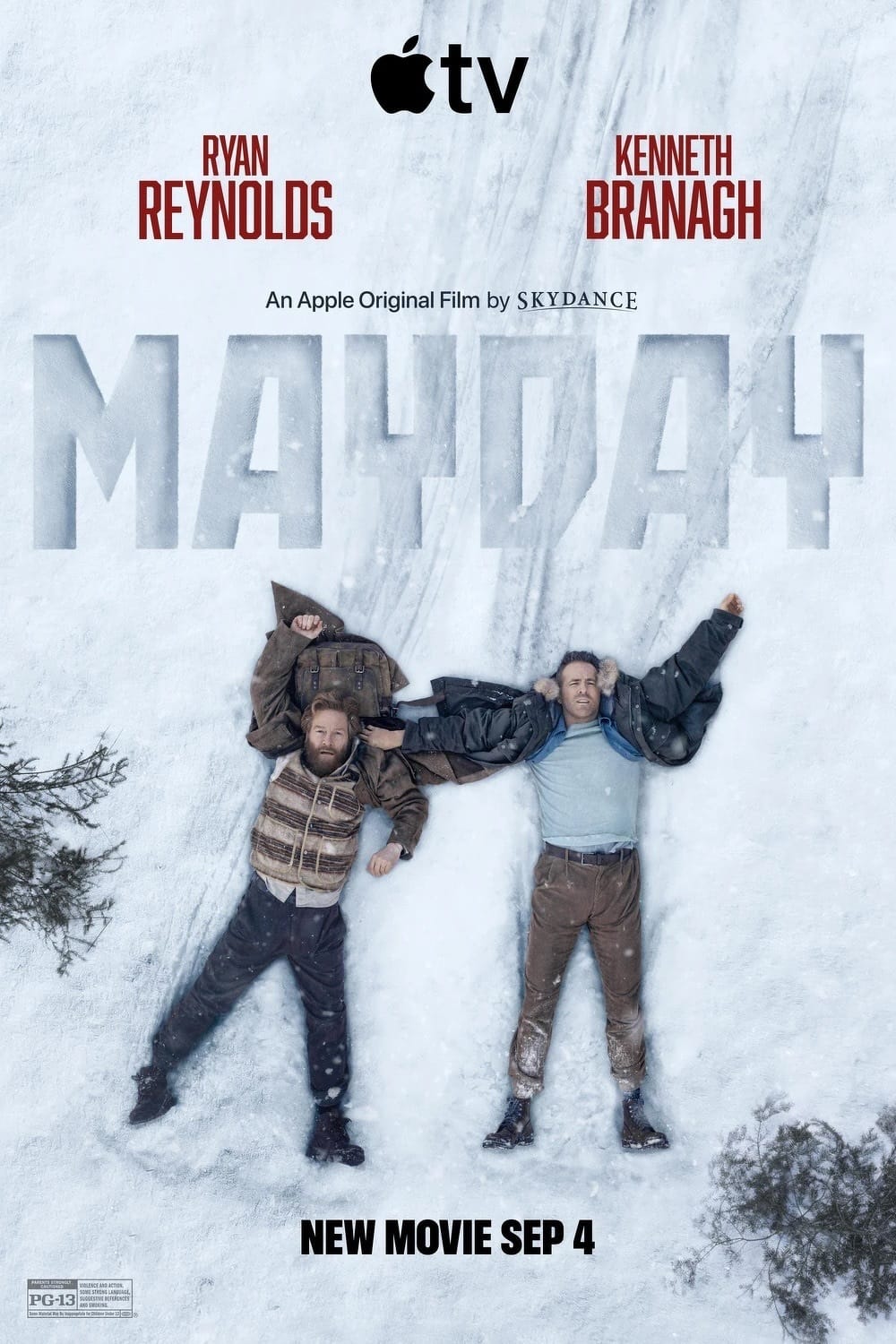 Movie poster with two men in winter coats lying on their backs in snow, the title pressed into the snow above them.