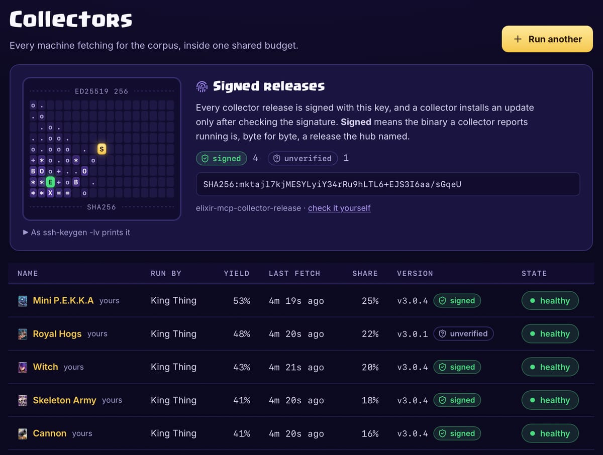 Dark dashboard listing five collectors run by King Thing, four marked signed and one unverified, beside an ASCII key fingerprint.