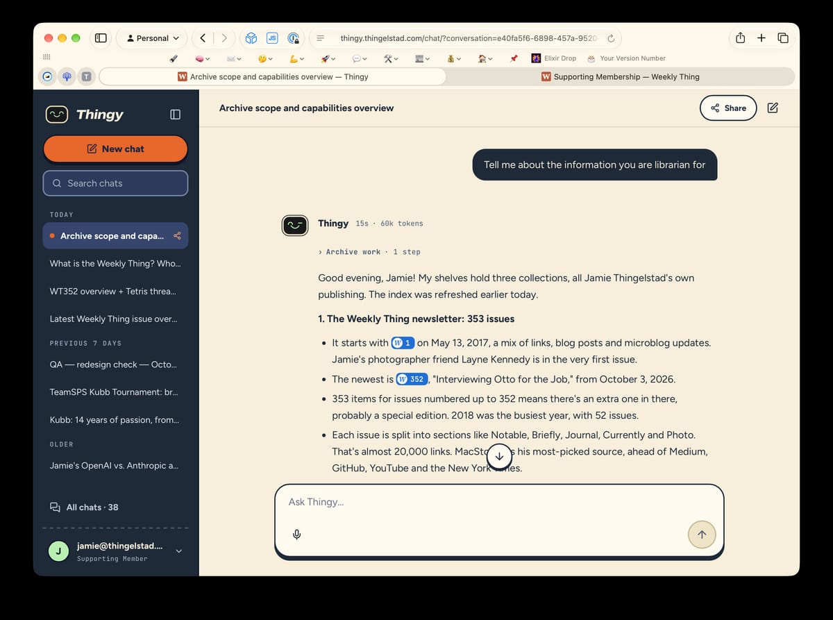 Browser window with a chat app called Thingy, a dark sidebar of past chats, answering a question about its archive collections.