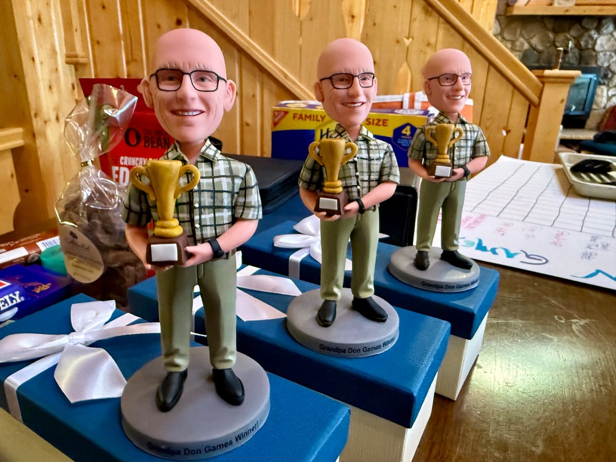 Three identical bobblehead trophies of a bald man with glasses holding a gold cup, on blue gift boxes in a wood cabin